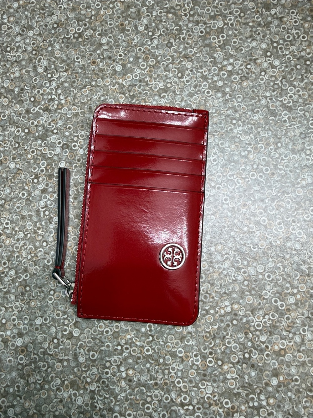 Tory Burch Red Patent Leather Card Holder with Logo Zip Tab